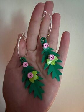 LEGO Green Leaf Dangle Earrings with Pink Flower Accents